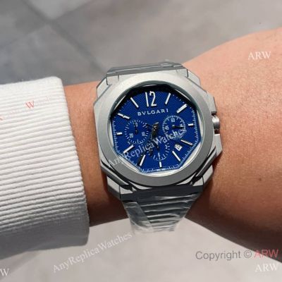 Replica Bvl_gari Octo Roma Chronograph Blue Dial Stainess Steel Sandblasted Watches